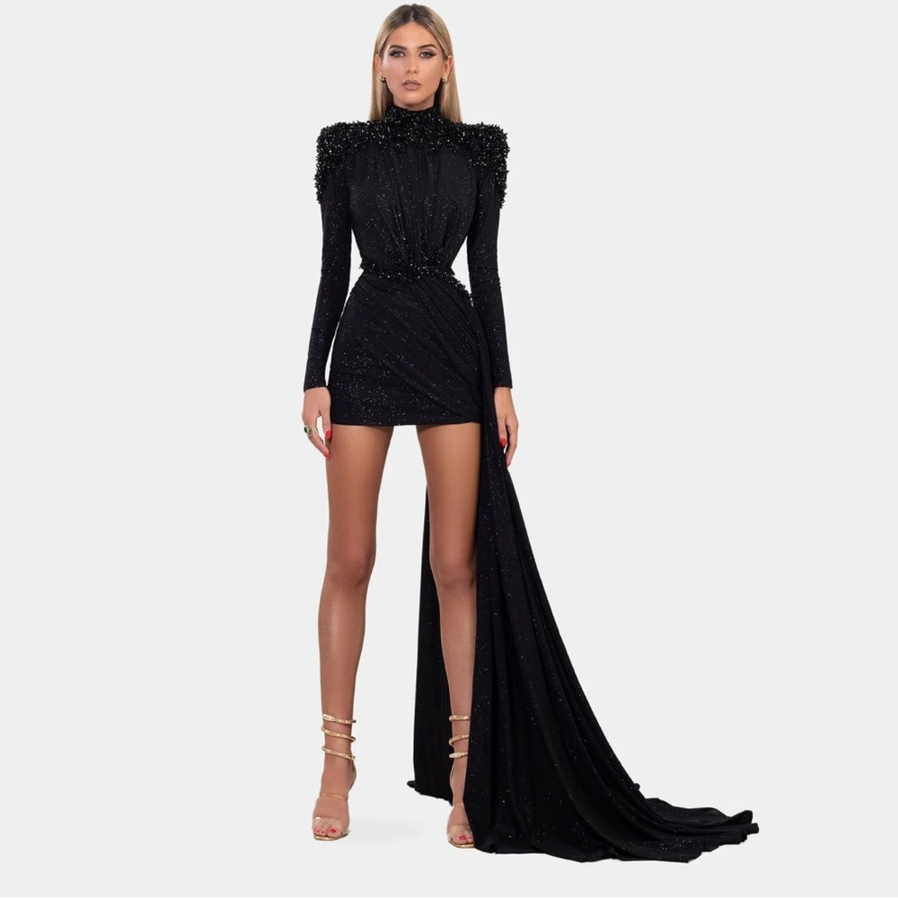 Short Black Dress with High Neck and Side tail